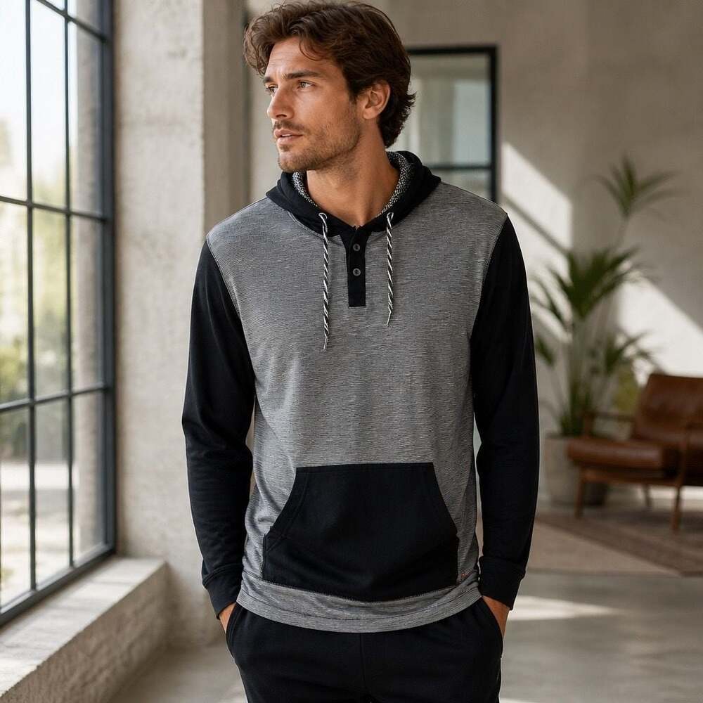 Airwalk Men's Gray and Black Long Sleeve Hooded Henley Shirt Size XL